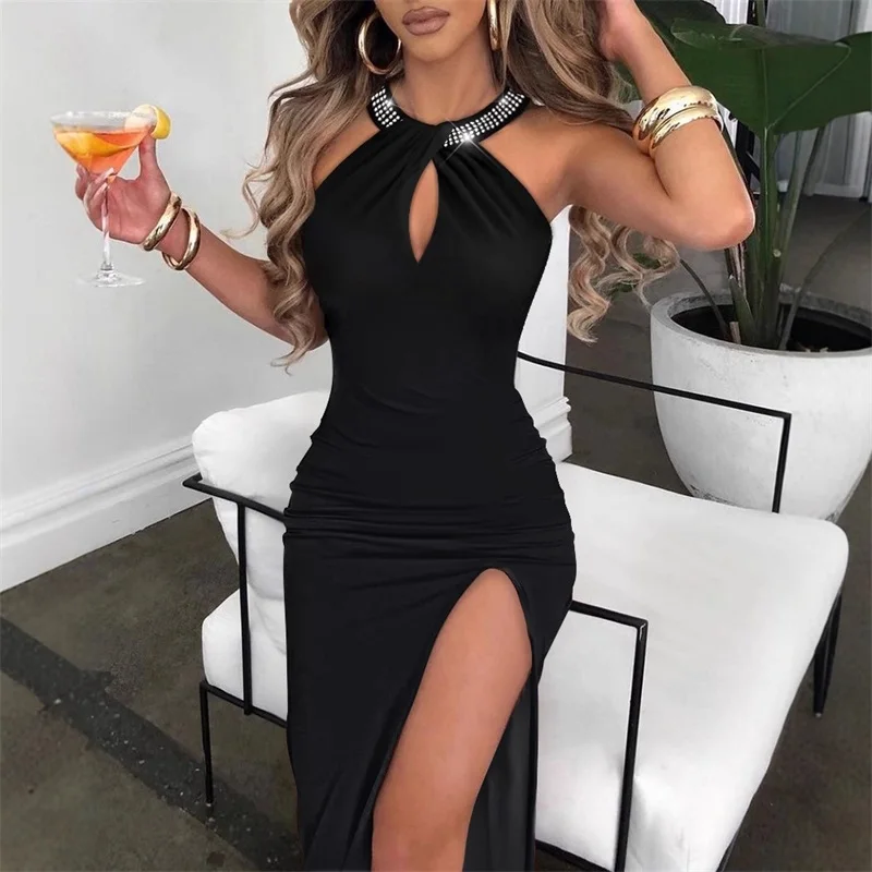 Black Crystals Women Prom Dress Sexy Halter Neck Sleeveless Side Split Long Party Gown Formal Birthday Guest Evening Robe