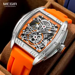 MEGIR Fashion Orange Automatic Watches for Men Military Sport Waterproof Tonneau Dial Mechanical Wristwatch with Silicone Strap