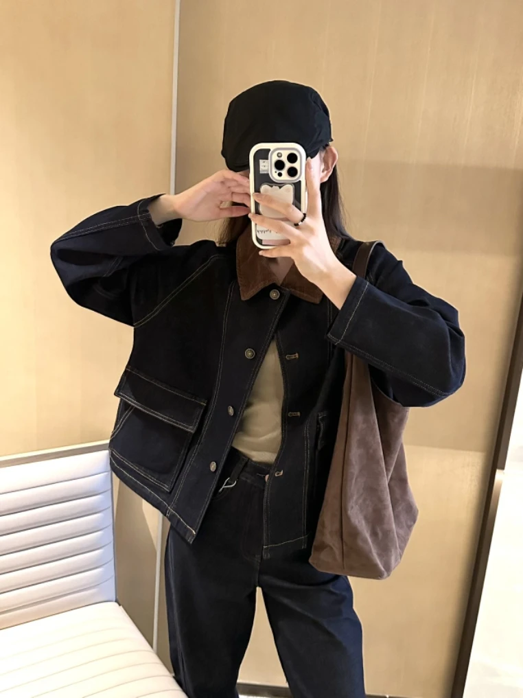 

Новинка осени 202, корейское повседневное свободное джинсовое пальто с вельветовым воротником, женское пальто, простое модное утягивающее пальто