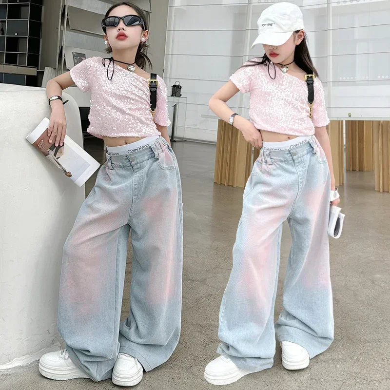 12 junior girls summer clothes set cotton pink Hot Diamond T-shirt+Tie dyed wide leg jeans 2pcs teen kids suit children outfits