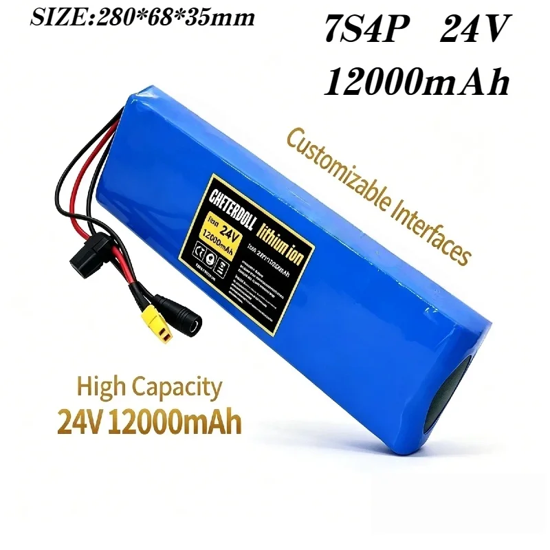 7S4P 24V 12Ah Lithium Battery Pack Rechargeable Li-ion Cell for15A BMS Fuse Holder and 29.4V DC Charger Durable Spare Accessory