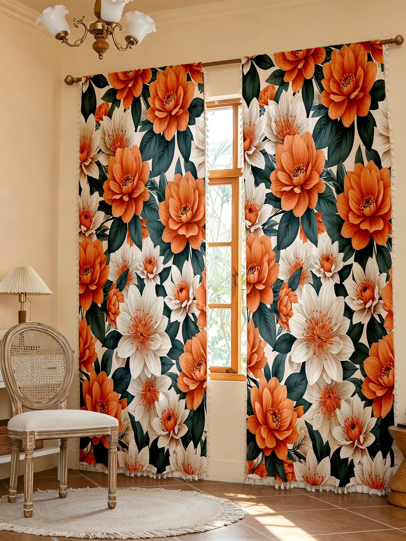 1PC Floral Tassel Sheer Curtains, Orange White Dahlia, Digital Print, Linen Polyester, Bedroom Living Room Kitchen, Home Decor