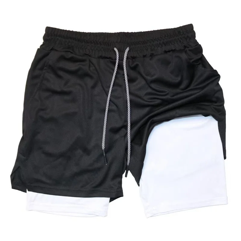 

New Summer Men's Double layered 2-in-1 casual Sports Shorts Sweat wicking Breathable mesh Fitness multi-pocket Jogging Shorts