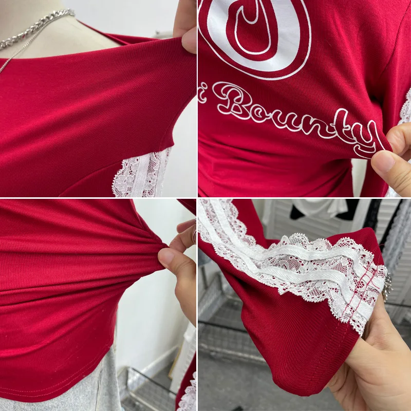 المرأة عارضة الساخن فتاة الرياضة نمط إلكتروني طباعة خياطة الدانتيل بأكمام طويلة أعلى سليم صالح واحد الكتف تي شيرت Streetwear1291