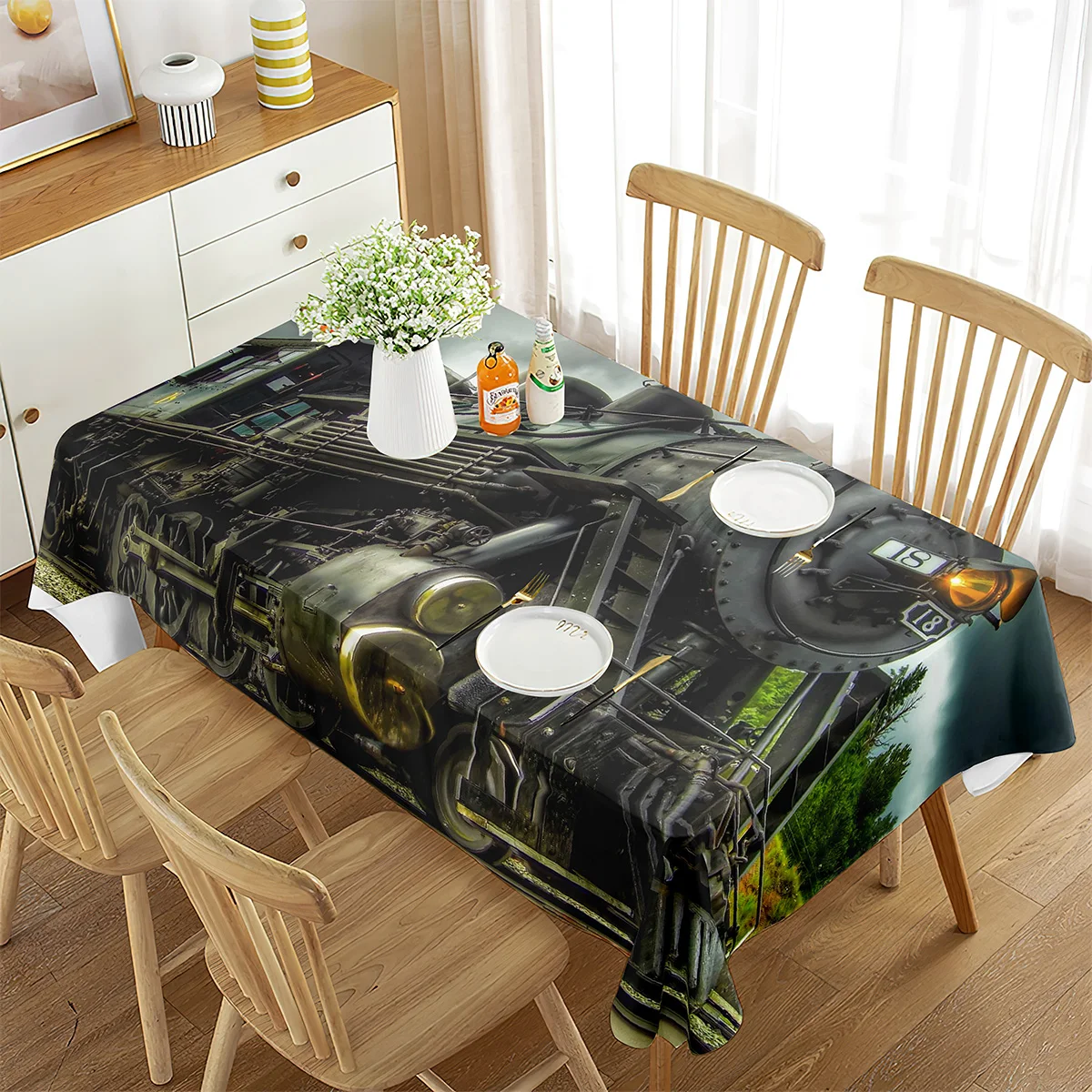Train Rectangle Tablecloth Steam Locomotive Transport Railroad Railway Polyester for Indoor Outdoor Picnic Party Dinner Table