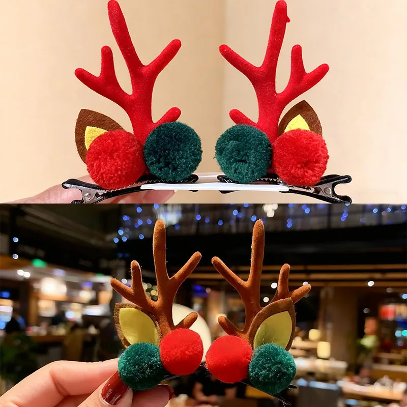 กิ๊บติดผมรูปเขากวางสองสีสำหรับคริสต์มาส 2 คู่ ทำจากผ้ากำมะหยี่สีแดง งานแฮนด์เมด สำหรับเด็กผู้หญิง อุปกรณ์เสริมสำหรับวันหยุด
