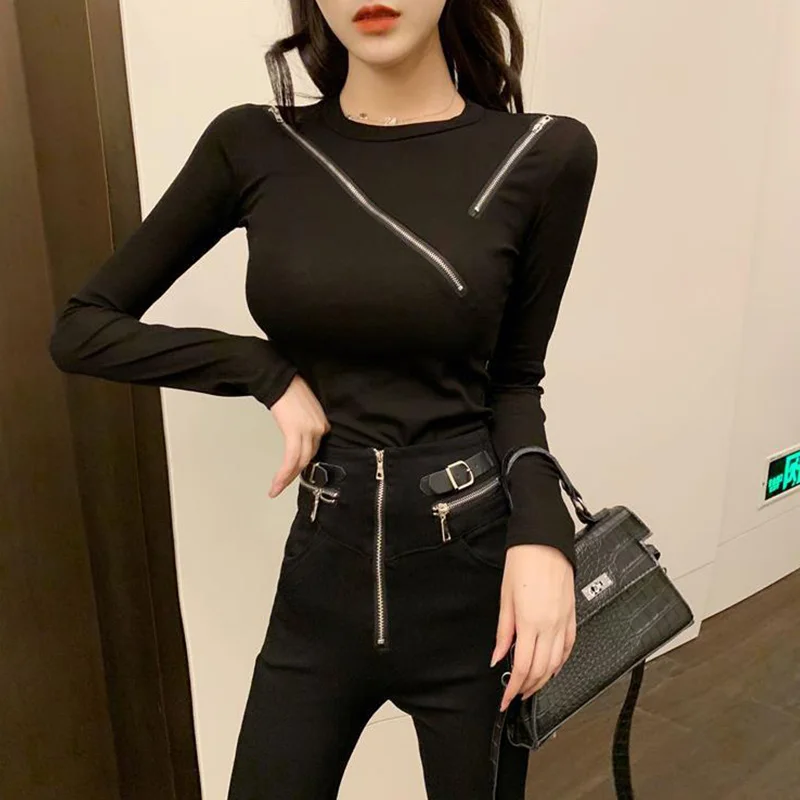 Korean Long Sleeve T-Shirts Female Fashion Zipper Hollow Out Bottoming Shirt Autumn New Slim Trend O-neck Top Tee Women Clothes