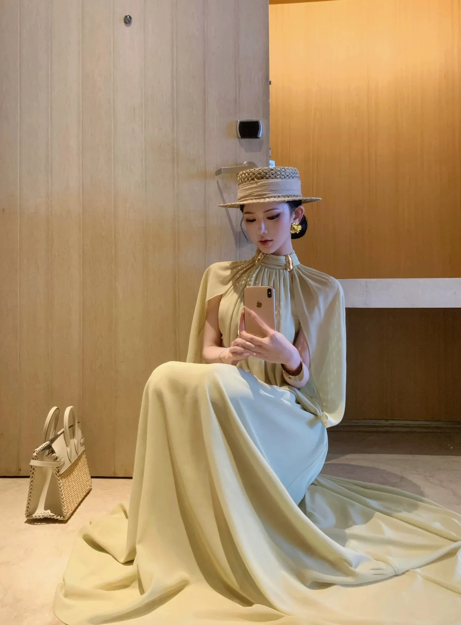 Women's Elegant Solid Color Two Pieces Skirt Set Lady Half High Collar Shwal Shirt Top + Long Skirt