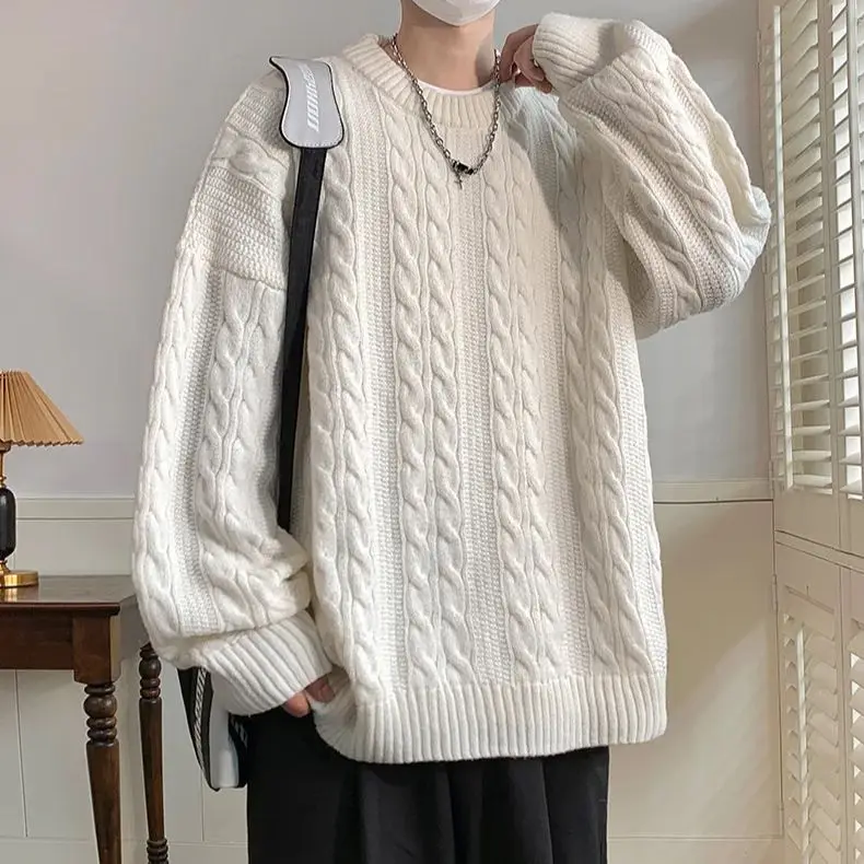 Solid Colour Ribbed Twist Pattern Round Neck Pullover Sweater Men Women Autumn Winter Couple Loose Knitted Woolen Top Warm Soft