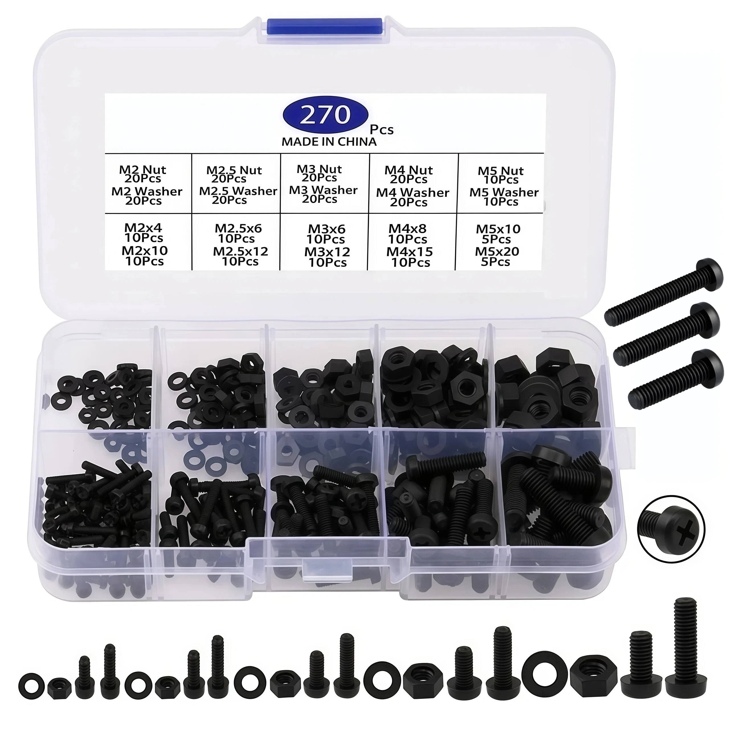 270pcs High-Quality Metric Nylon Black Cross Head Round Head Screws with Nut Washer Set M2 M2.5 M3 M4 M5 Sizes for DIY Projects