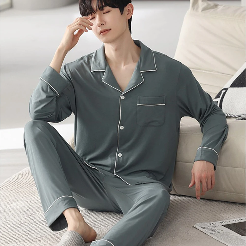 Men Pajama Sets Sleepwear For Man Modal Cotton Long Sleeve Pyjama Homewear Long-Sleeved Long Pants Pajamas Loungewear