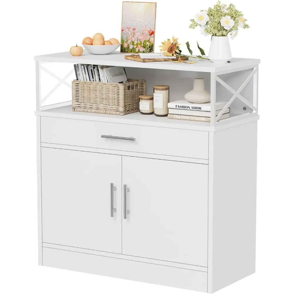 Aparador Buffet Cabinet com Armazenamento, Armazenamento de Cozinha Moderna, Armazenamento Aberto, Prateleira Ajustável, 32 in