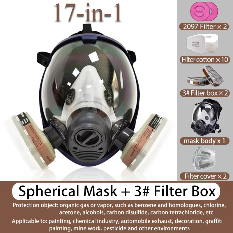 

Ball shaped gas mask, full face breathing mask, suitable for organic vapor, dust, spraying, and splash prevention.
