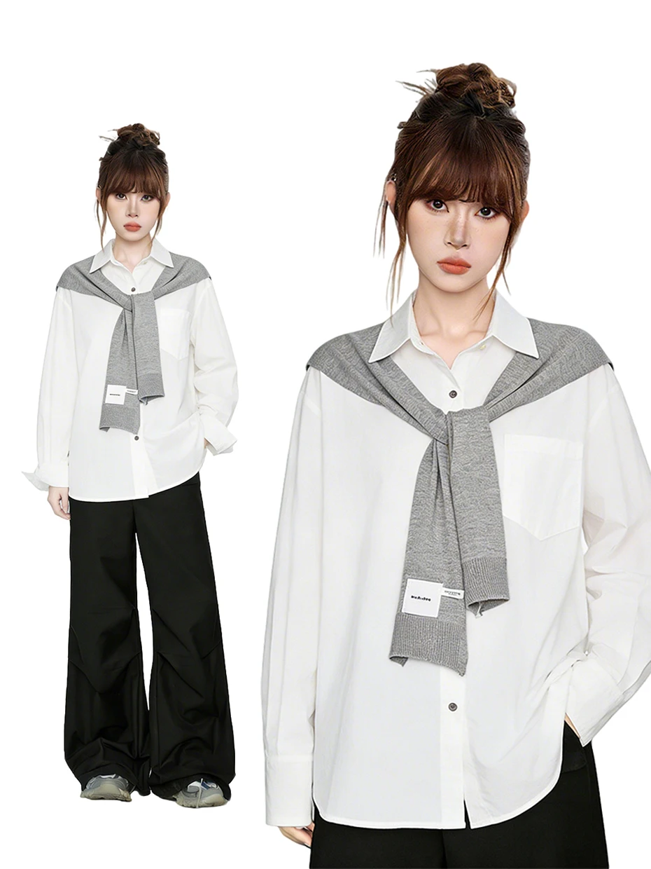 

White Long Sleeve Shirt And Scarf Set Women's Loose Fit Korean Style Casual Wear Polyester Fiber Button up Pure Color Design