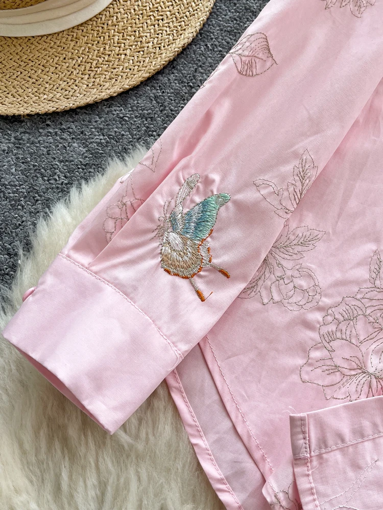 Luxuriöse rosa Schmetterlings-Stickerei-Bluse für Damen, 2022, neue elegante, lockere O-Ausschnitt-Langarm-Shirt-Damenbekleidung, schicke INKEO 5T074
