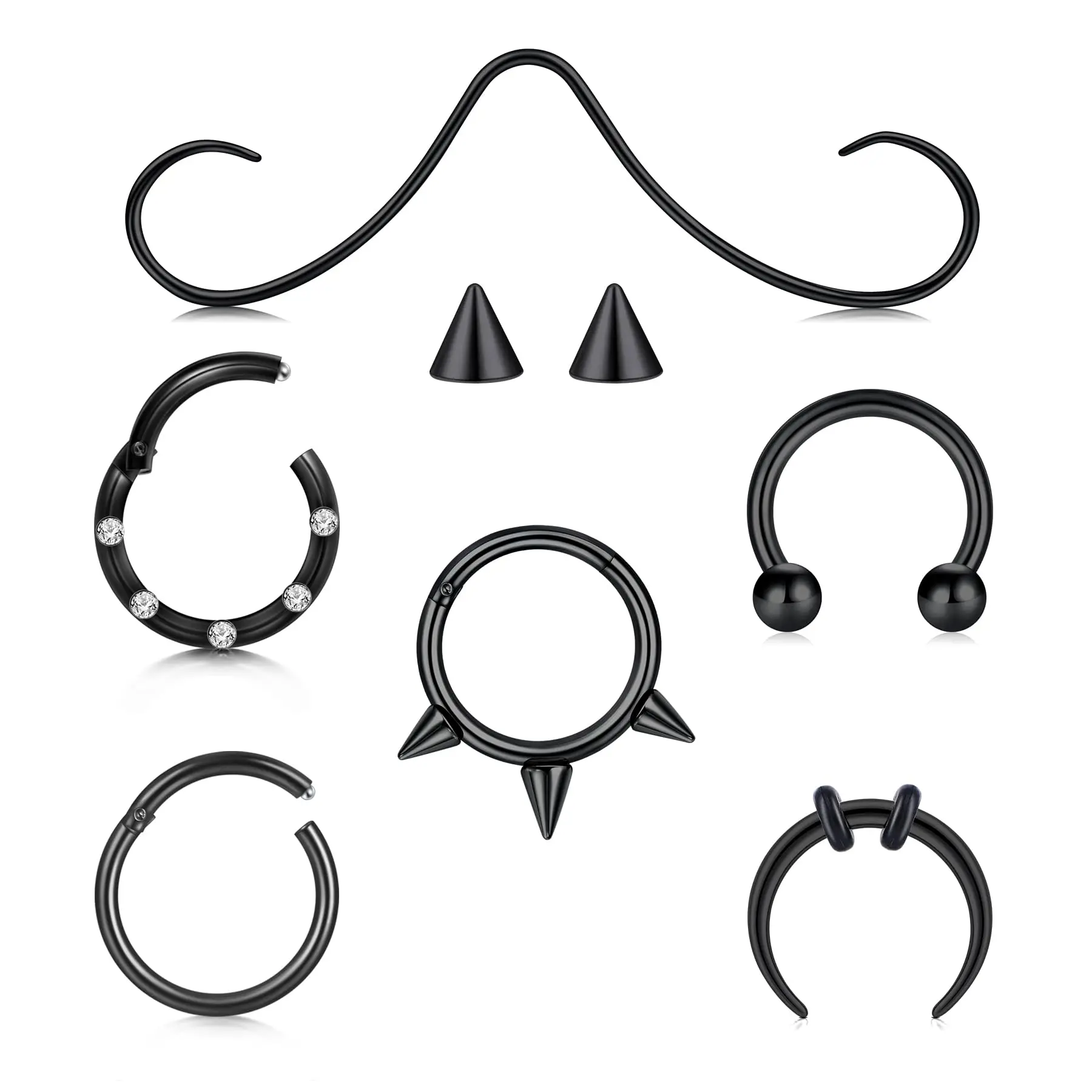 8Pcs Septum Rings Jewelry Beard Style 16 Gauge Piercing Horseshoe Earring Hoop Lip Ring 8mm 10mm Black Punk Unisex