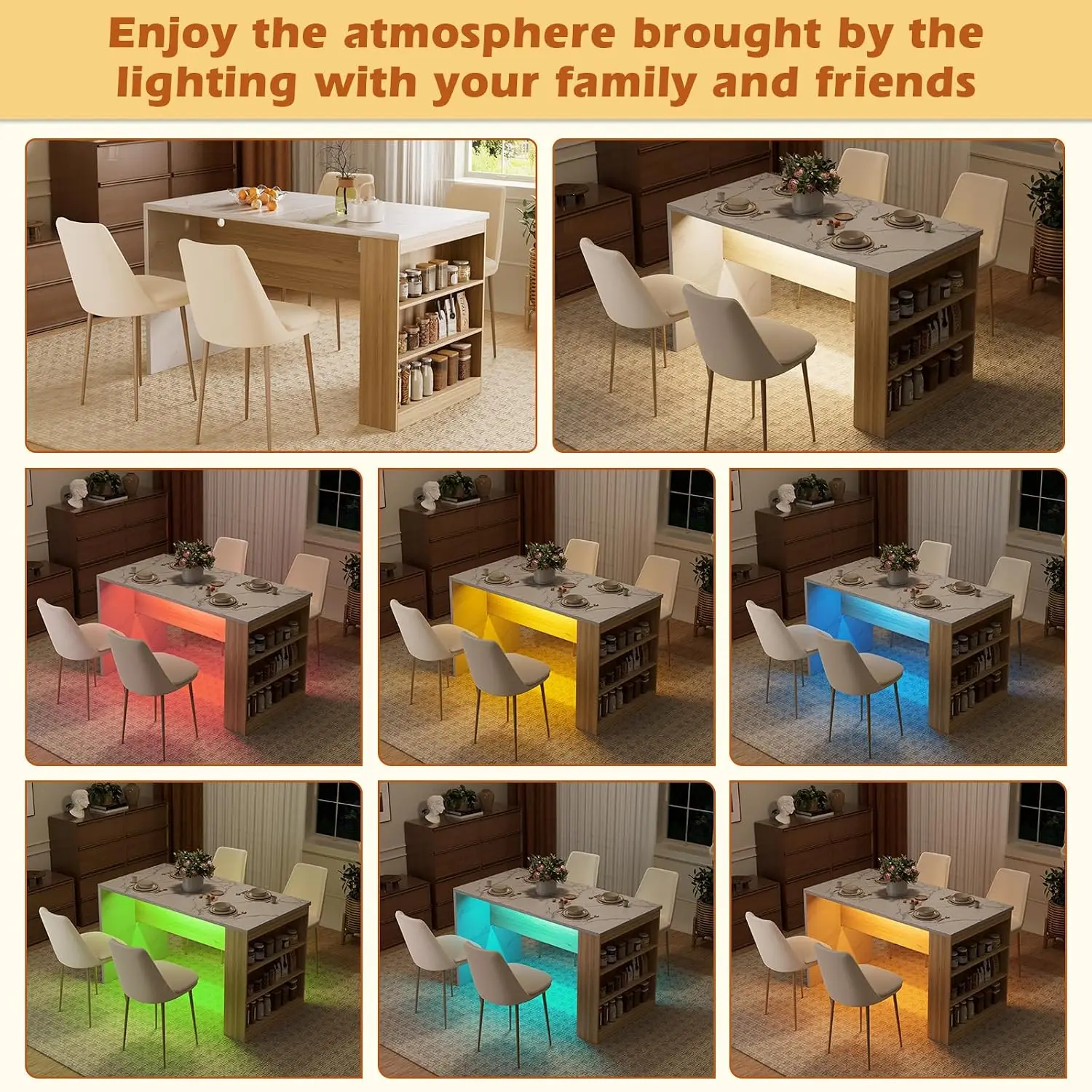 Large Marble Pattern Dining Table with Power Outlet & LED Lights, Storage for 4-7 People, Kitchen Island Table, Customized