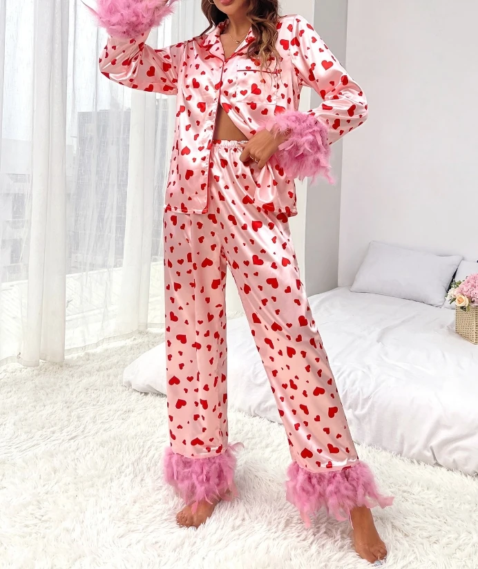 

Womens Loungewear Set Satin Heart Print Feather Cuff Long Sleeve Lapel Button Blouse Tops + Long Pants 2 Piece Female Pajama Set