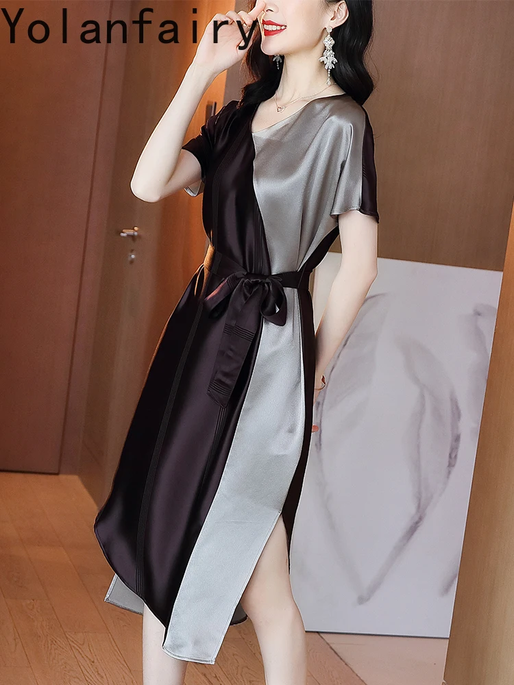 Sukienki damskie YOLANFAIRY, 74% octan, kolekcja lato 2025, delikatne, asymetryczne, eleganckie sukienki w blokach kolorystycznych, sukienka damska z koronkowym wiązaniem, Ropa Mujer