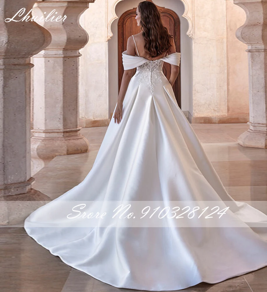 Lhuilier Customized A Line Satin Wedding Dresses Floor Length Spaghetti Straps Bridal Gowns with Court Train