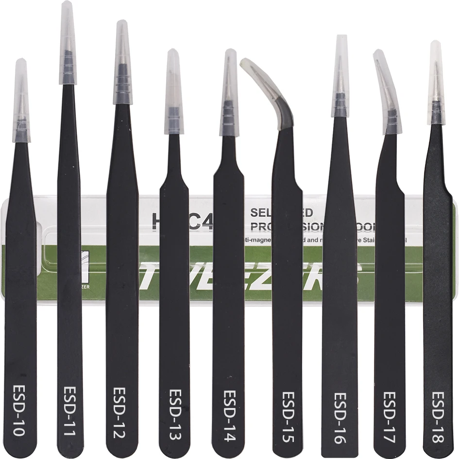 Black Tweezers HRC40 Antistatic Stainless Steel Nipper ESD 10 11 12 13 14 15 16 17 18 for Phone Repair Tools 120pcs/lot