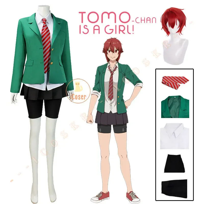 Tomo Aizawa Cosplay Costume Wig Anime Tomo-chan Is A Girl! Junichirou Kubota Green School Uniform Skirt Spats Pants Women Man MS