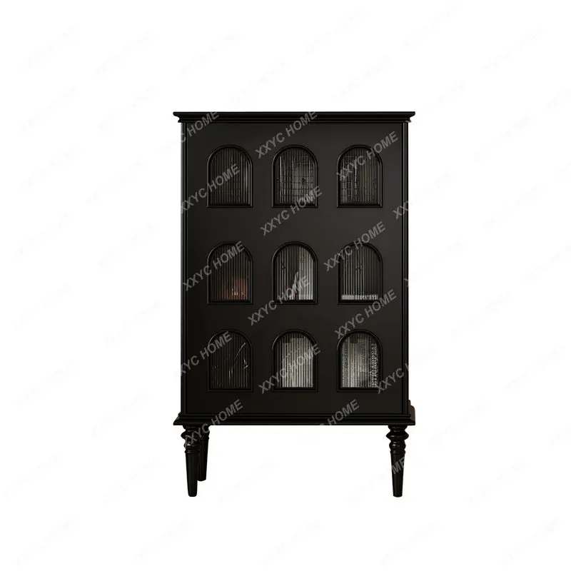 

Home Retro Style Display Cabinet Entrance Cabinet French Solid Wood Sideboard Living Room Single Door Movable Side Cabinet Black