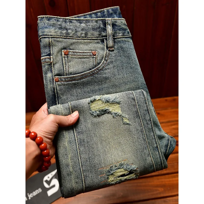 

Ripped patch jeans for men, scraped denim, retro street style handsome men's clothing, elastic slim fit small leg pants