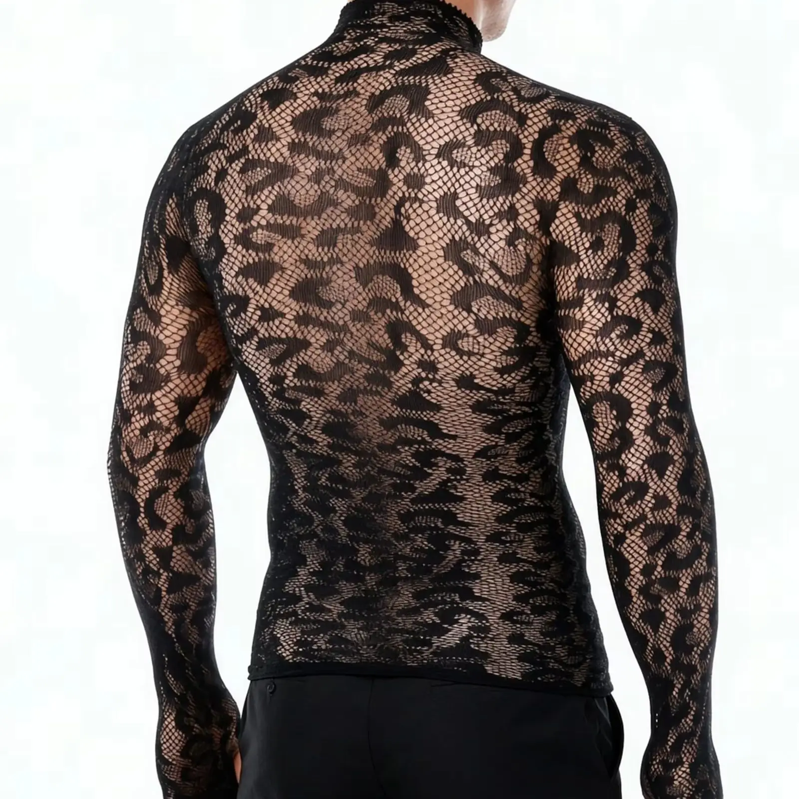 Sexy Adult Undershirt Sexy Lace Leopard T-shirt Elastic Party Clubwear Sheer Long Sleeve Thumb Hole Ring Transparent Tops