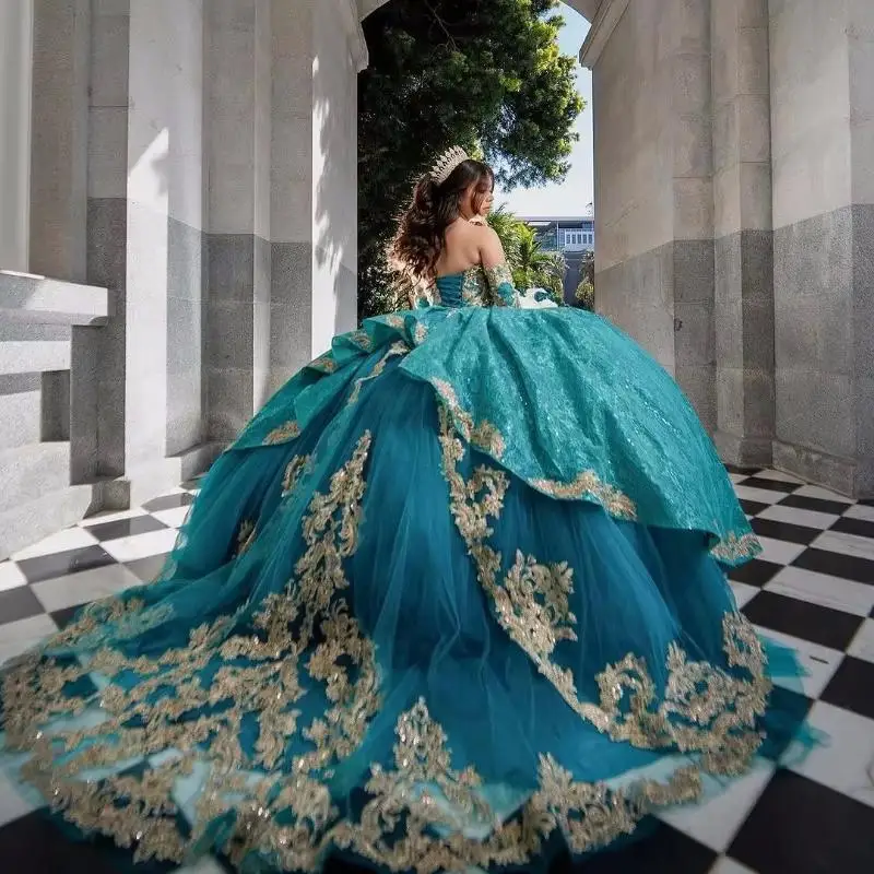 فساتين Quinceanera باللون الأخضر اللامع ثوب حفلة مزين بالدانتيل مطرز بالخرز تول حفلة عيد ميلاد حلو 16 فستان Vestidos De XV 15 Anos