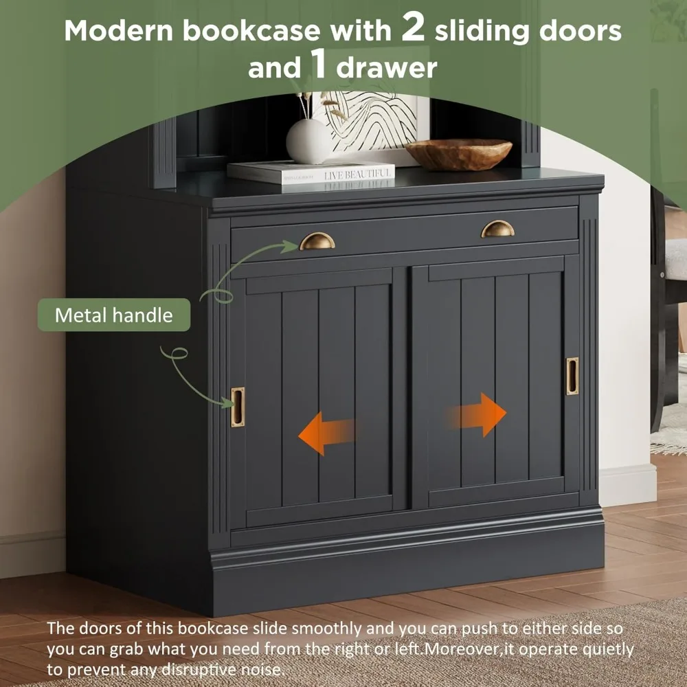 رف كتب حديث طويل مع أبواب منزلقة، خزانة كتب للتخزين، درج واحد، أرفف مفتوحة، تصميم معاصر #4