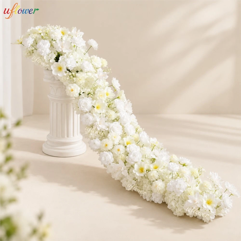 Uflower White Rose Hydrangea Artificial Flower Garland Table Centerpieces Sofa Runner Flowers Arrangement for Wedding Arch Decor