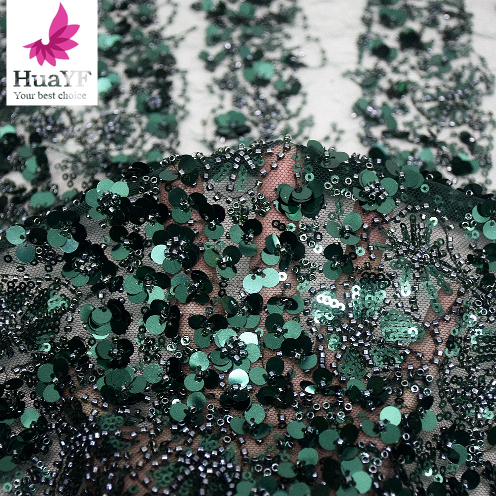 1 Yard Luxury Elegant Emerald Green Lace With Bead And Sequins For Wedding Dress Fabric HY1795-5