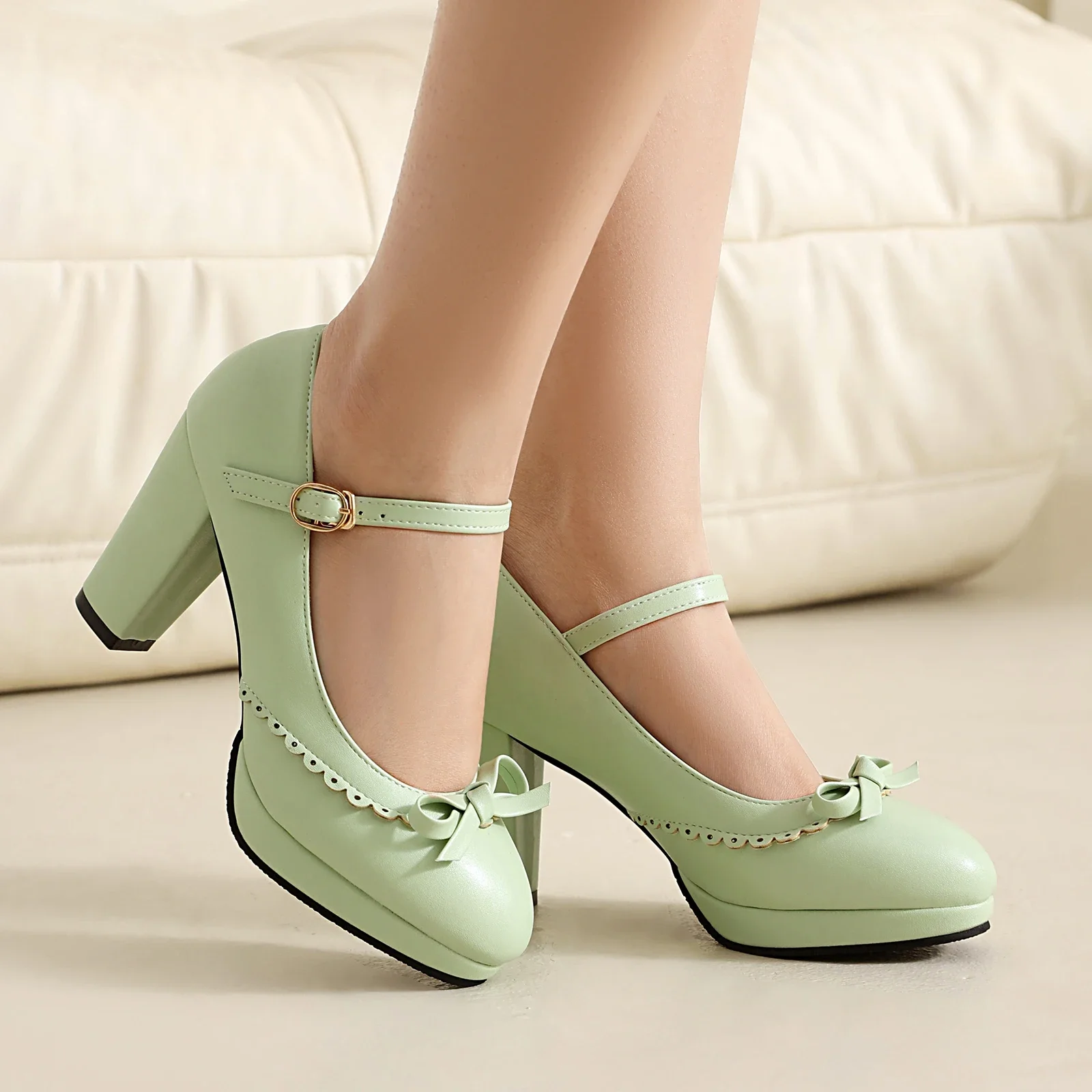 Zapatos de tacón estilo Lolita para mujer, zapatos Mary Jane con tacones rosas, decoración con lazo, zapatos de vestir OL para fiesta de baile para niñas de talla grande 43