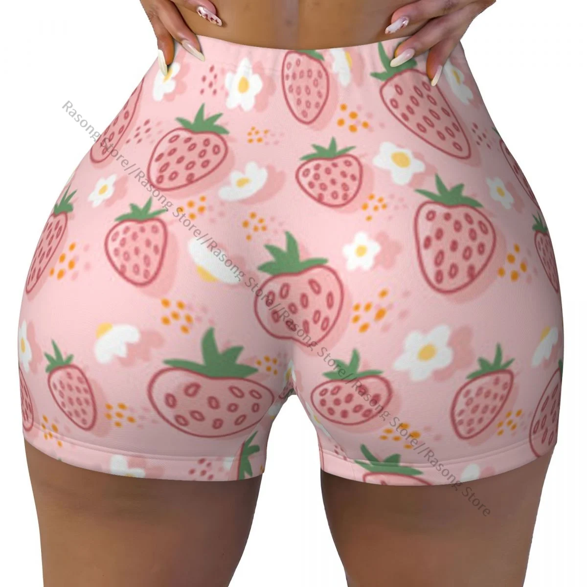 Spandex Yoga Shorts for Women Cute Pink Strawberry Flowers Workout Booty Shorts