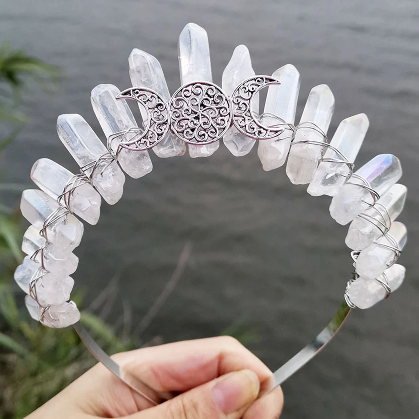 Raw Crystal Tiara Crown Headband, Natural Quartz Moon Goddess Witch Headpiece for Wiccan Cosplay Party Headwear