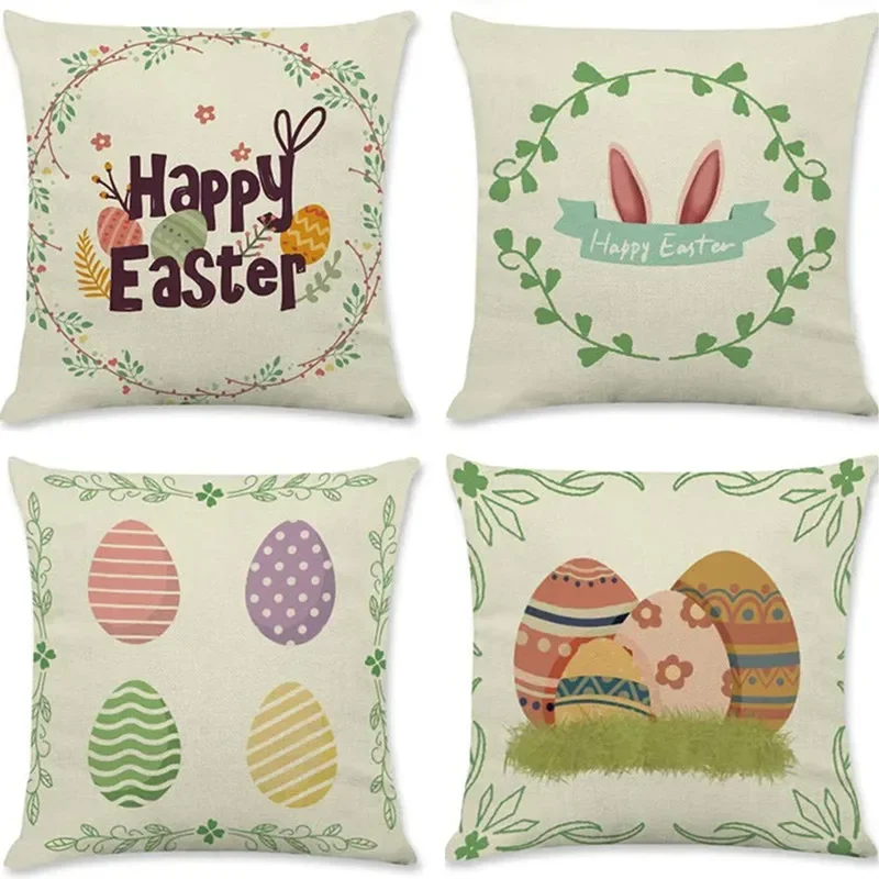 Easter Rabbit Day Fabric Design Linen Shirt Pillow Sofa Welcoming Spring Rabbit Easter Happy Home Pillow 45 * 45CM