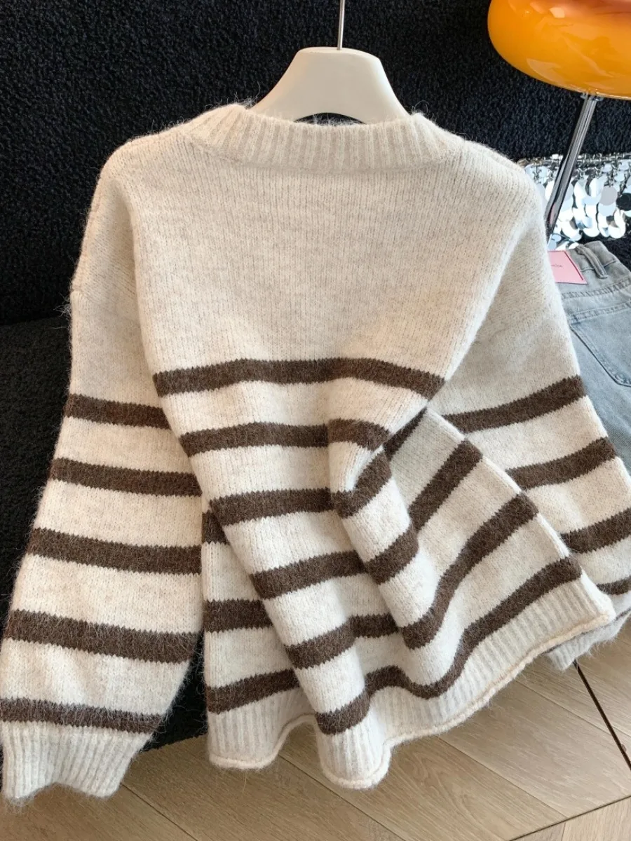 Women's Loose Fit Striped Knitwear Belted Self-Kee Sle Autumn Winter New Lazy Faion Sweater Warm Thiened Long Sve