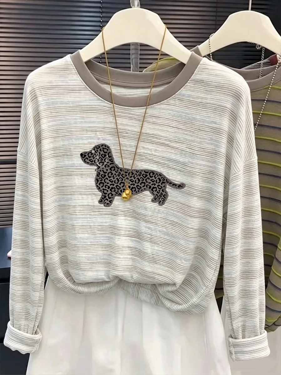 Japanese Style Loose Fit Long Sleeve Striped T-Shirt Women's Autumn Winter New Style Slimming Print Base Shirt Trendy Top