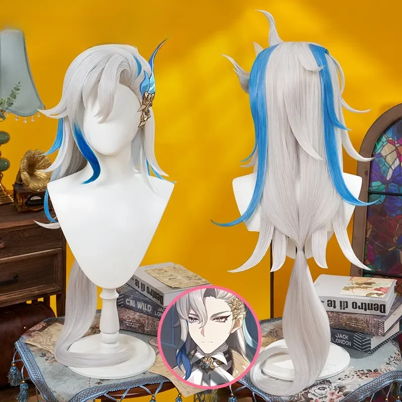 

【First Edition】Neuvillette Wig Cosplay Game Genshin Impact Blue White Hair Halloween Neuvillette Cosplay Fontaine Free Wig Cap