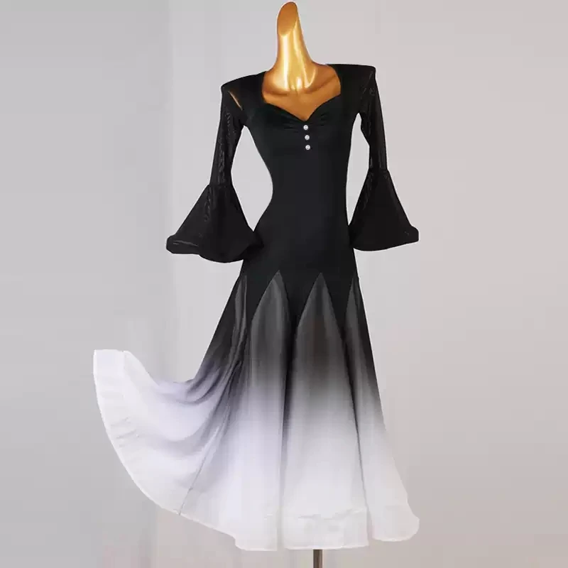 Ballroom Dance Dress For Women Competition Standard Modern Dancing Clothes Black Long Sleeve Waltz Stage Costumes