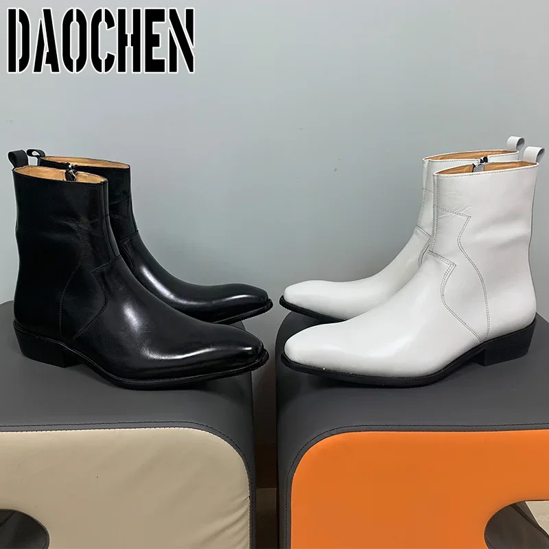 Luxury Brand Chelsea Boots High Grade Men Calf Boots Slip On Zipper Casual Men Dress Shoes White Black Leather Boots Men