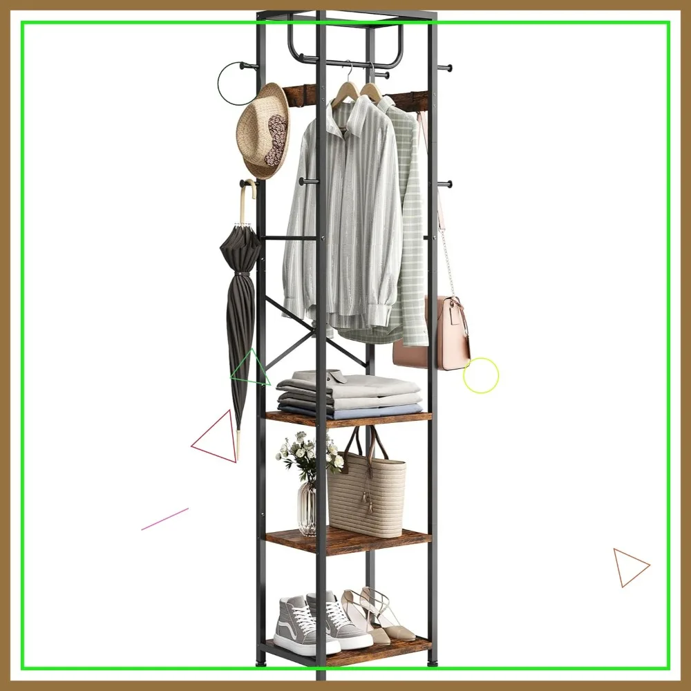 

Freestanding Coat Rack with 3 Shelves and 12 Hooks, Industrial Clothes Organizer for Bedroom, Hallway, Office