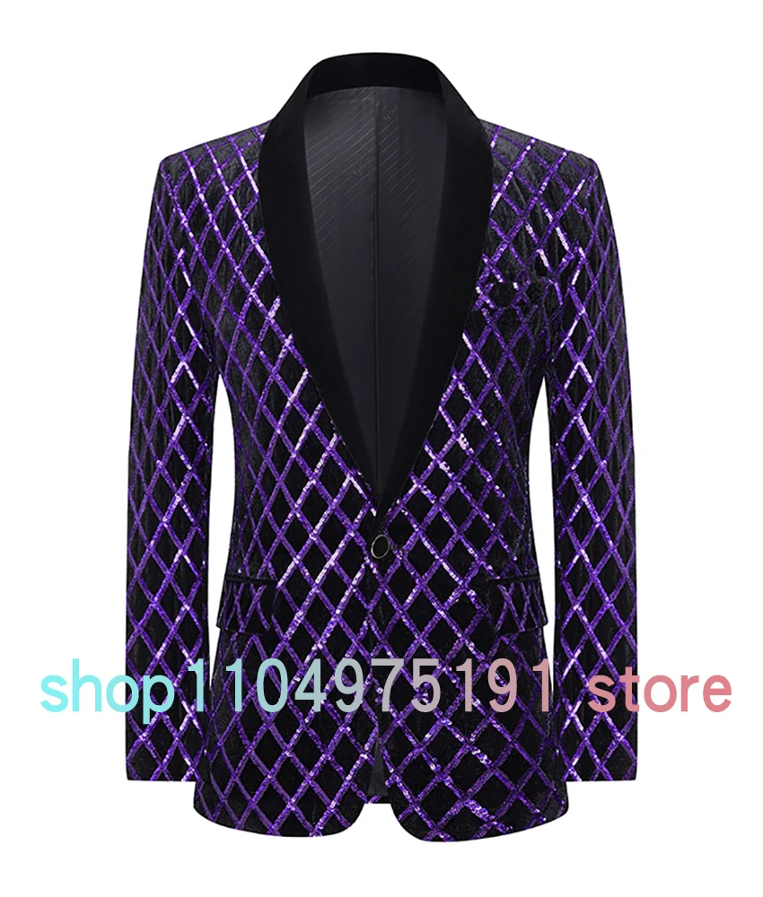 High quality men's sequin plaid stage singer performance host suit jacket slim purple tuxedos Celebrity Gowns Party Gowns