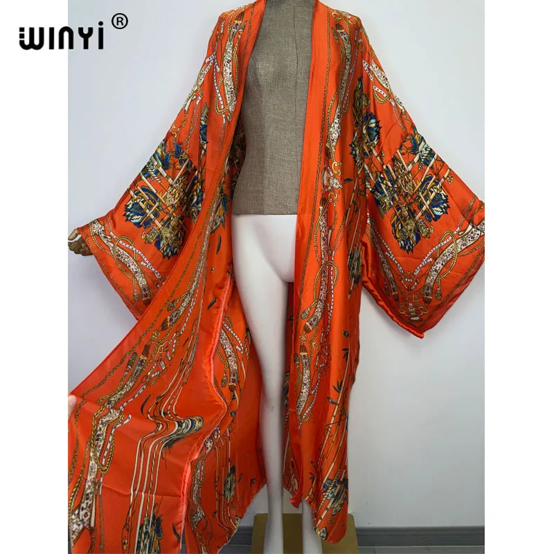 WINYI nowe błyszczące modne drukowanie słodka dama plaża czeski długi kardigan Cover-up stitch Casual Boho Maxi przyjęcie świąteczne kimono