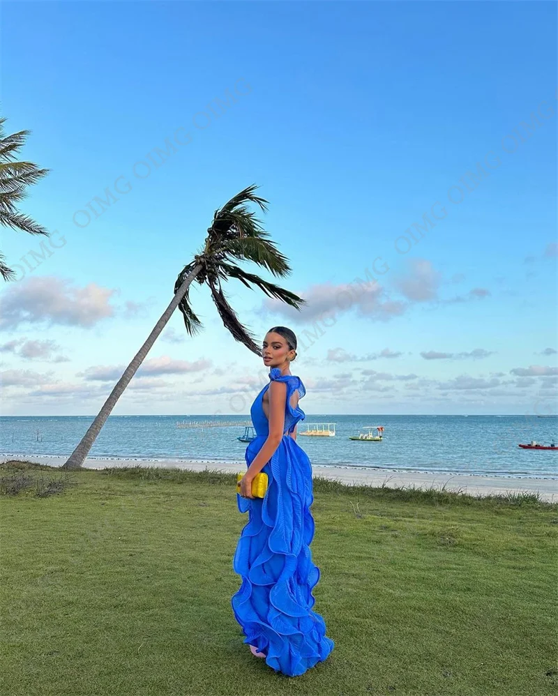 OIMG-Vestidos de Noche de gasa de playa azul para mujer, vestido de graduación saudita, vestidos de fiesta de boda de lujo, personalizado para