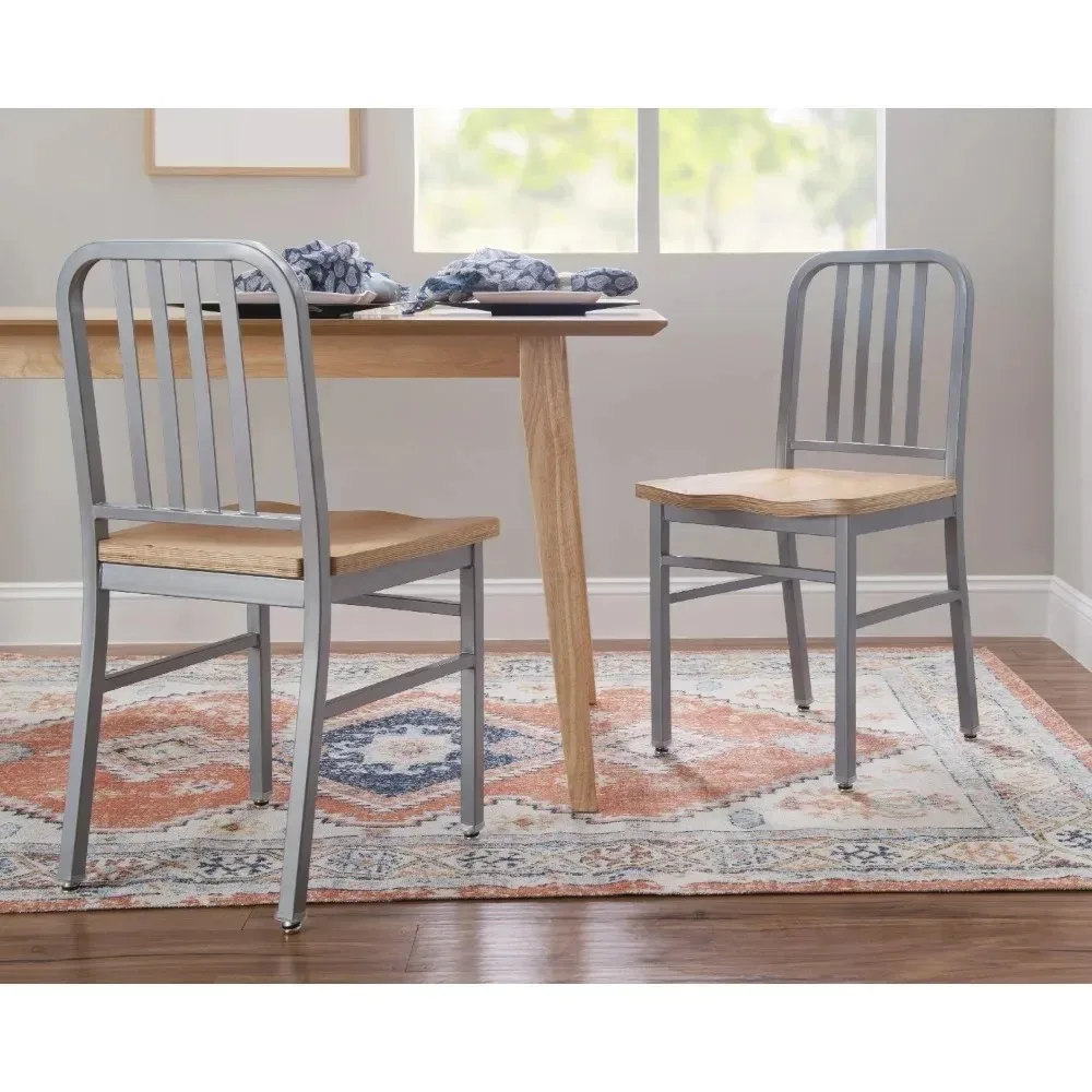 

Metal Dining Chairs Set of 2, Silver Finish with Light Oak Seat, for Kitchen, Living,Dining Room, Silver Dining Chair