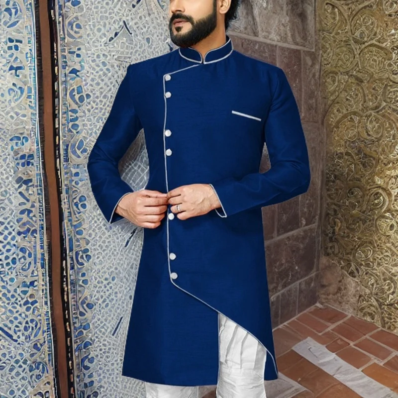 

Asymmetrical Stand Collar Groom Tuxedos Slim Fit 2-Piece Men's Wedding Suits with Long Jacket and Pants for Formal Events