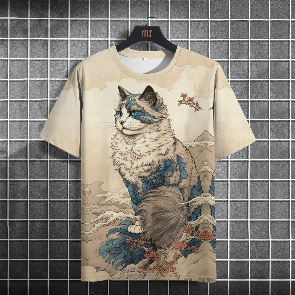 Erkekler t-shirt rahat kısa kollu üstleri japon tarzı Ukiyoe grafik giyim boy yaz giyim erkek t-shirt kedi desen