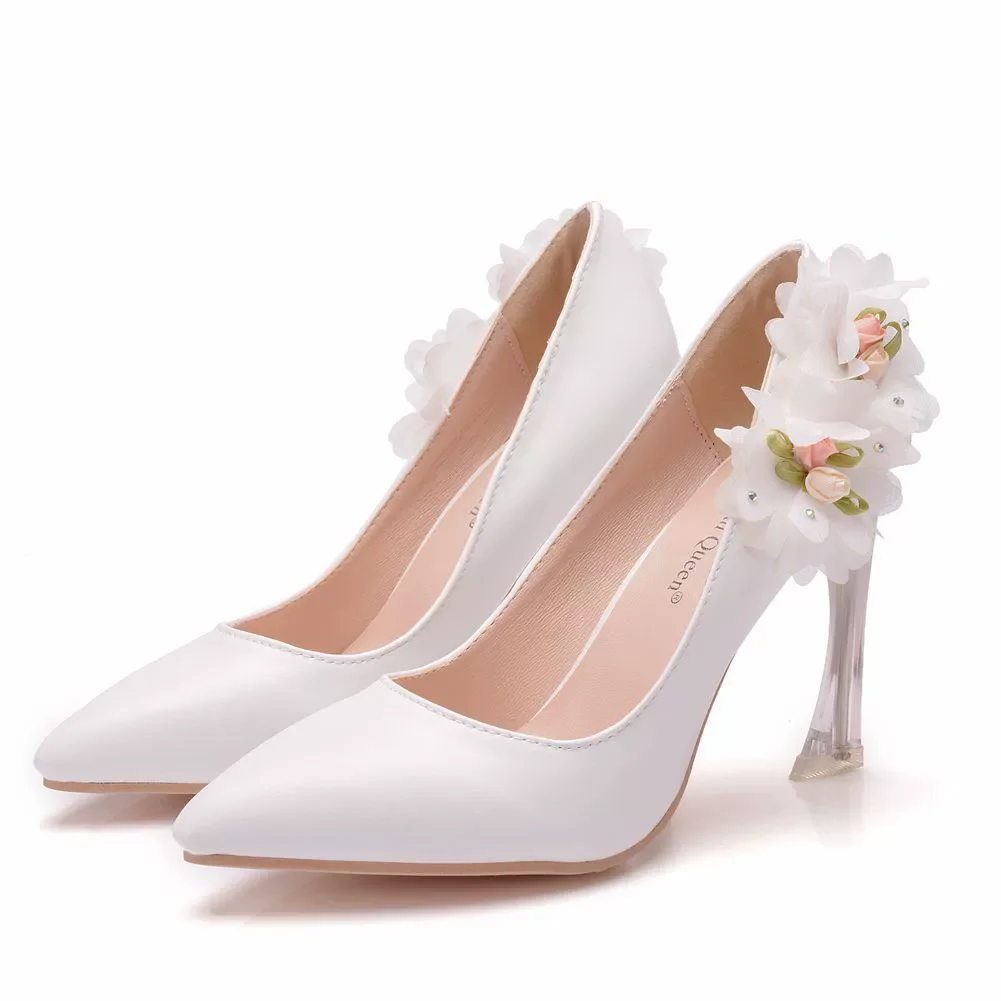 

Spring new pointed toe shallow saliva diamond lace flower wedding shoes banquet dress large size thin high-heeled women's shoes